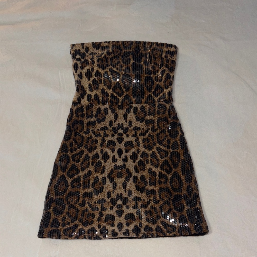 Edikted Sequin Animal Print Strapless dress